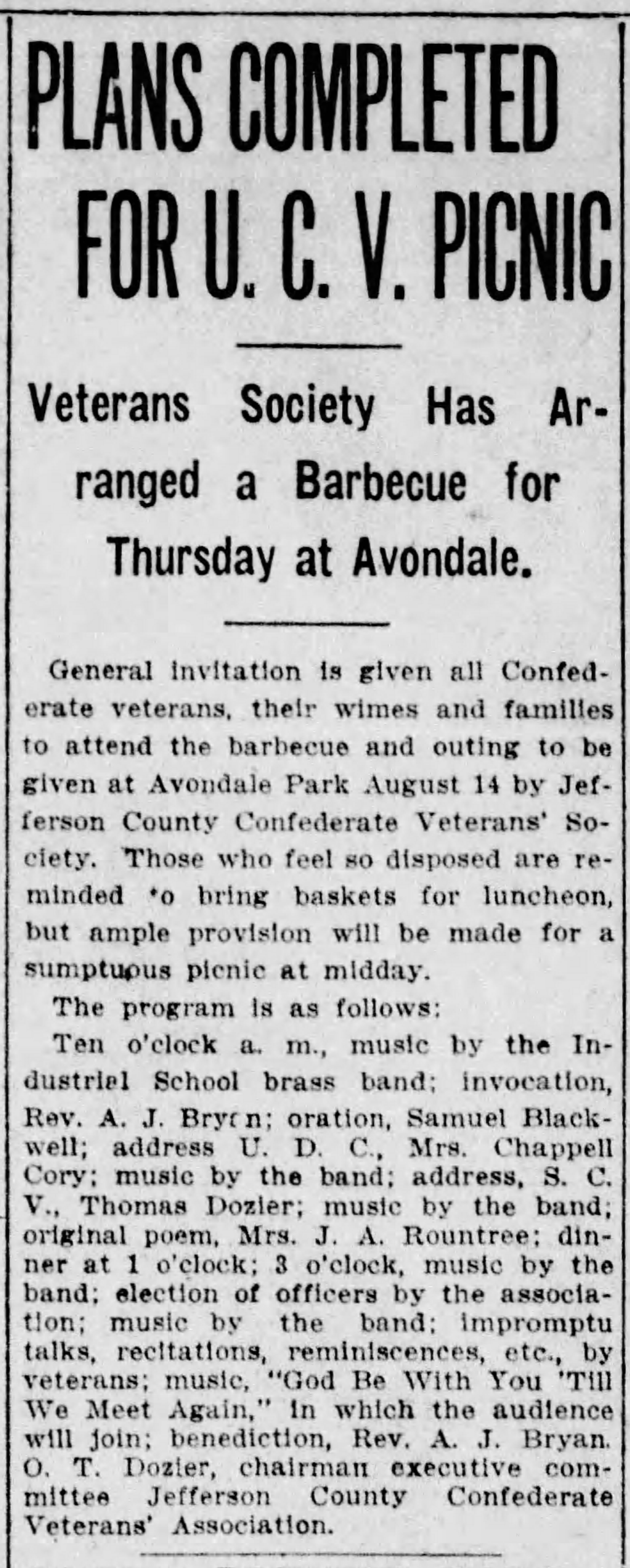 Plans Completed for U.C.V. Picnic